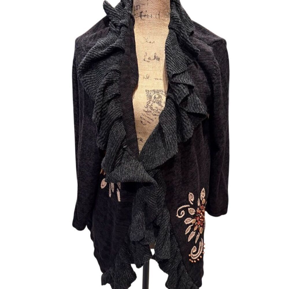 Mandal Bay Women's Standard XL Floral Embroidered Ruffle Cardigan Sweater